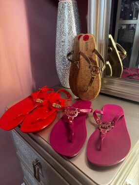 Michael Kors Pink and Red Jelly Logo Thong Sandals
